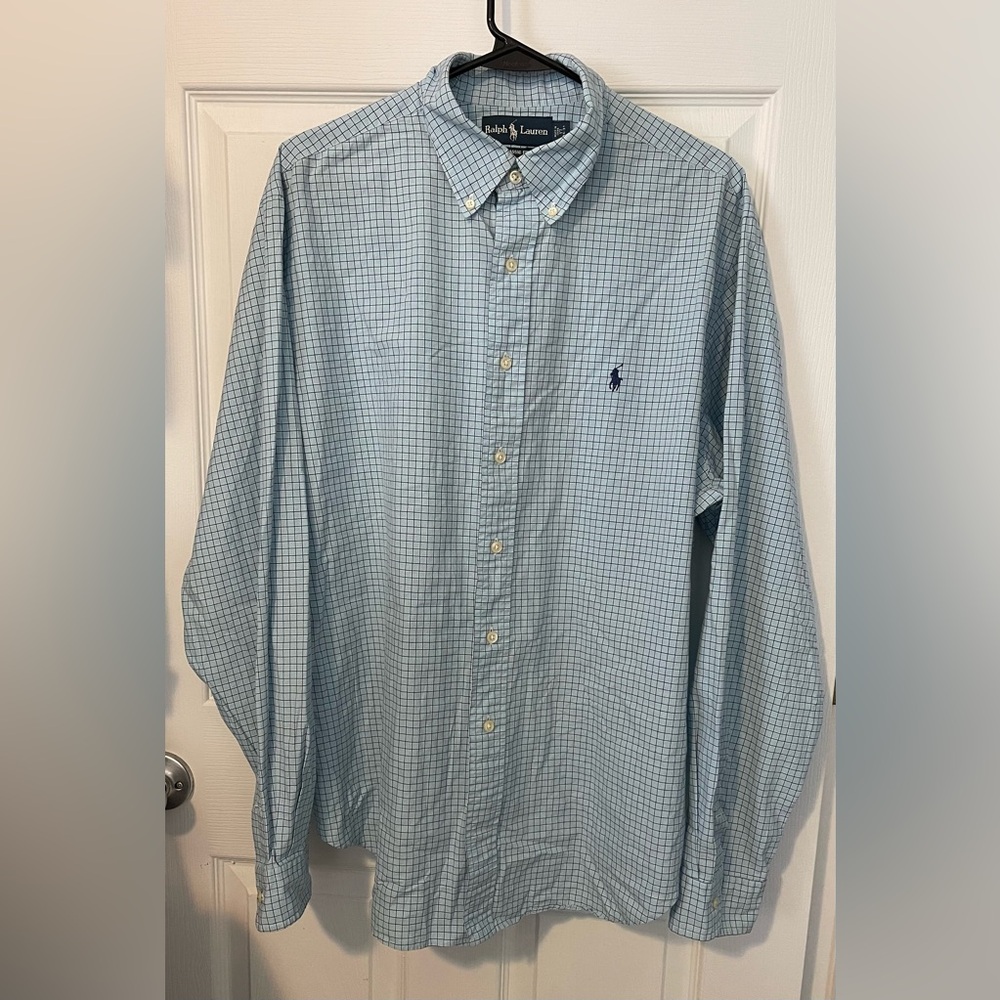 💃 RALPH LAUREN Blue Gingham Classic Fit Long Sleeve Button Down Shirt 17 36/37